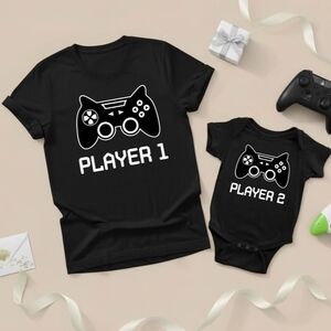 Black Player 1 & Player 2 Gaming Tee and Onesie Set